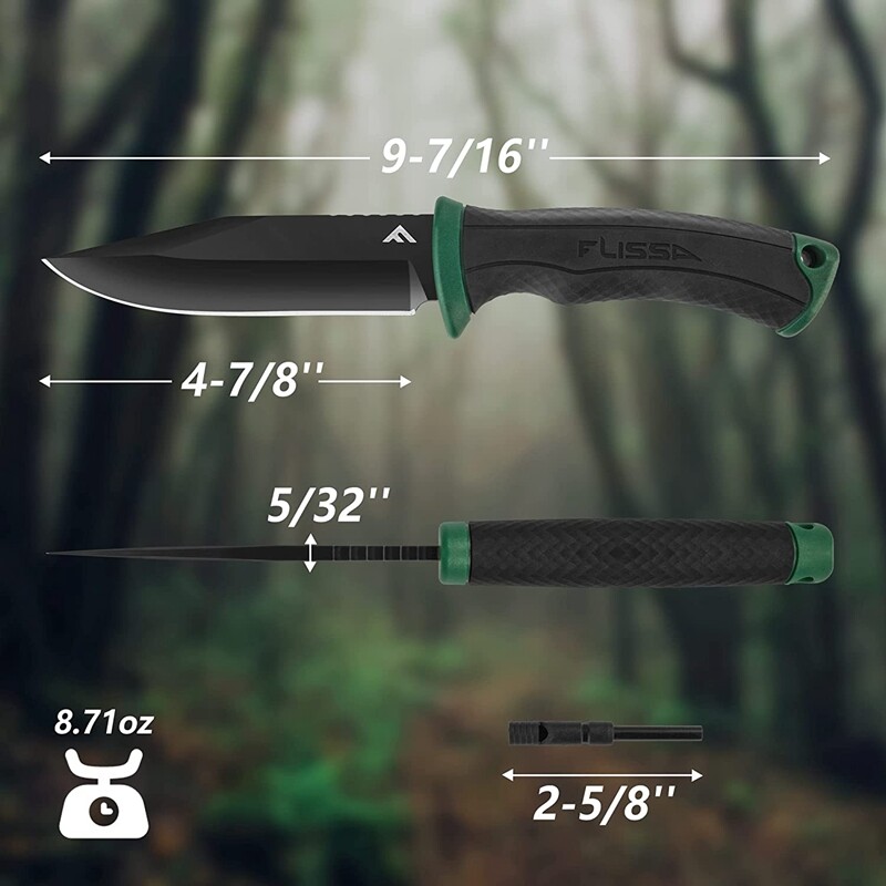 FLISSA 4-7/8″ Survival Knife Fixed Blade Knife with Sheath Whistle Fire Starter