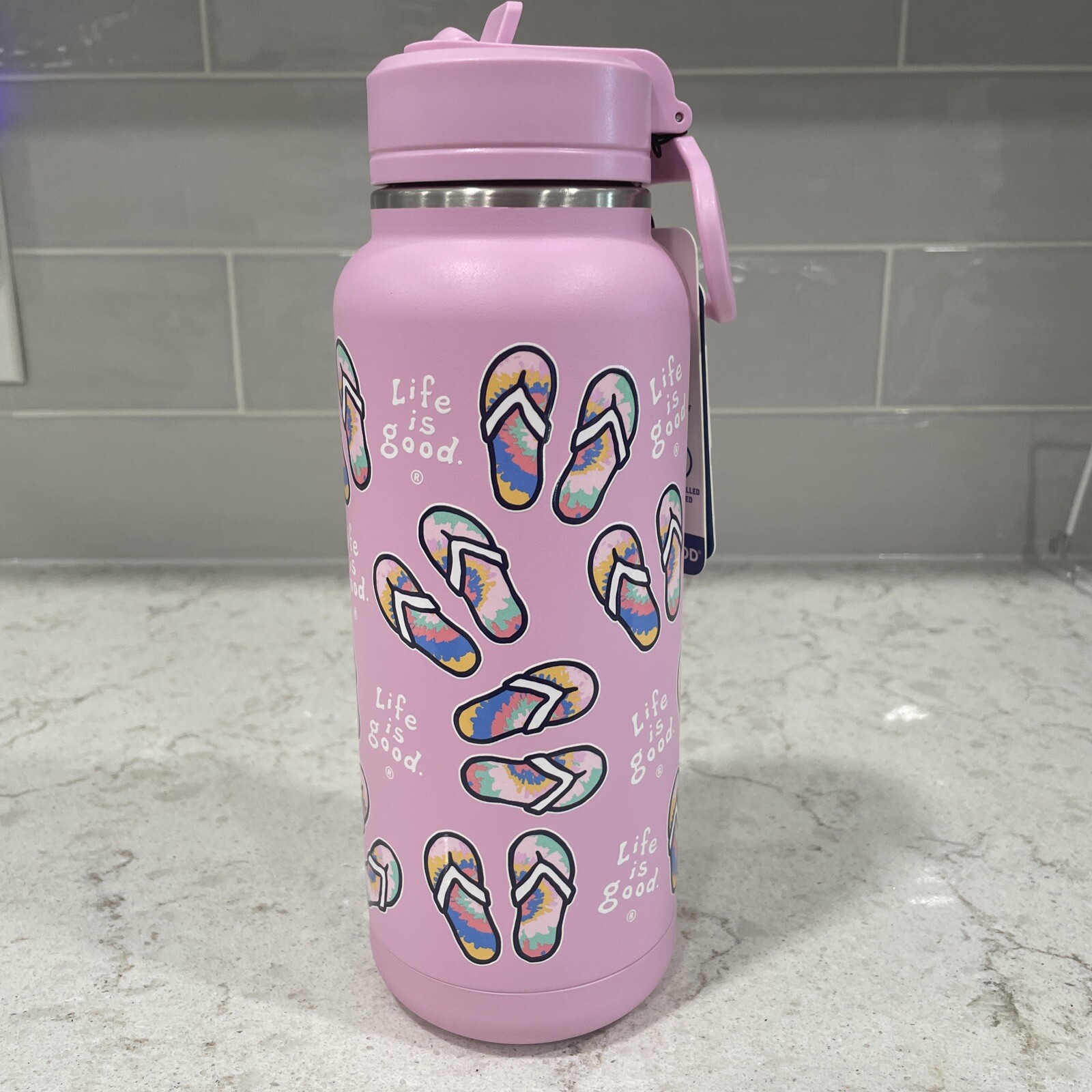 FLIP FLOPS Life Is Good Pink Hot/Cold 32oz Allure Travel Mug Thermos Steel NEW