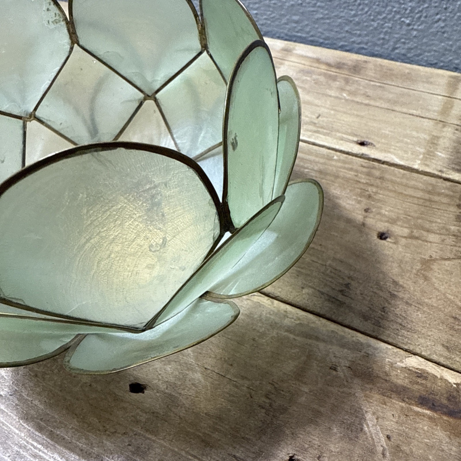 Capiz Shell Candle Holder. 5.5” Round Green Hue Made In The Philippines