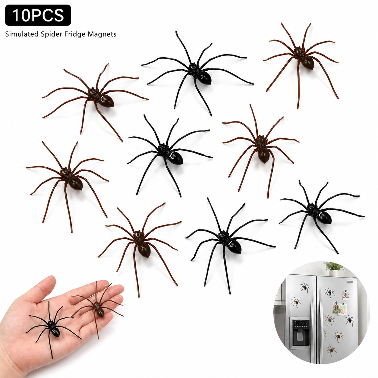 10PCS Fake Spider Fridge Magnets Halloween Prank Decor Realistic Black Brown Toy