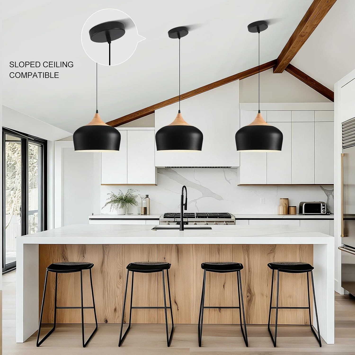 Black Pendant Light, 11.8″ Industrial Farmhouse Hanging Lamp with Oak Wood