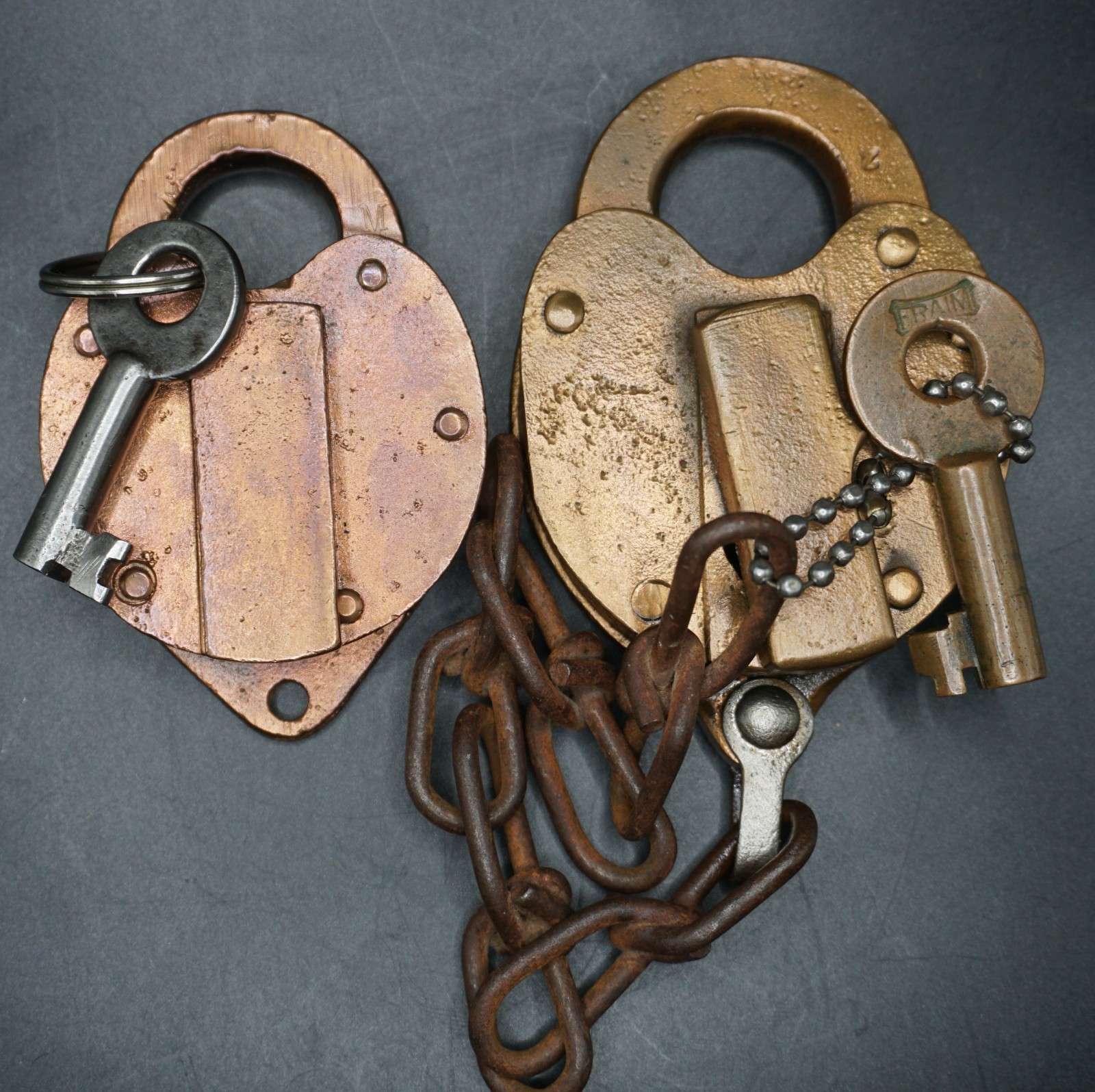 Vintage 1950-1953 Heart Shaped Padlocks w/ Keys + Chain Industrial Collectible