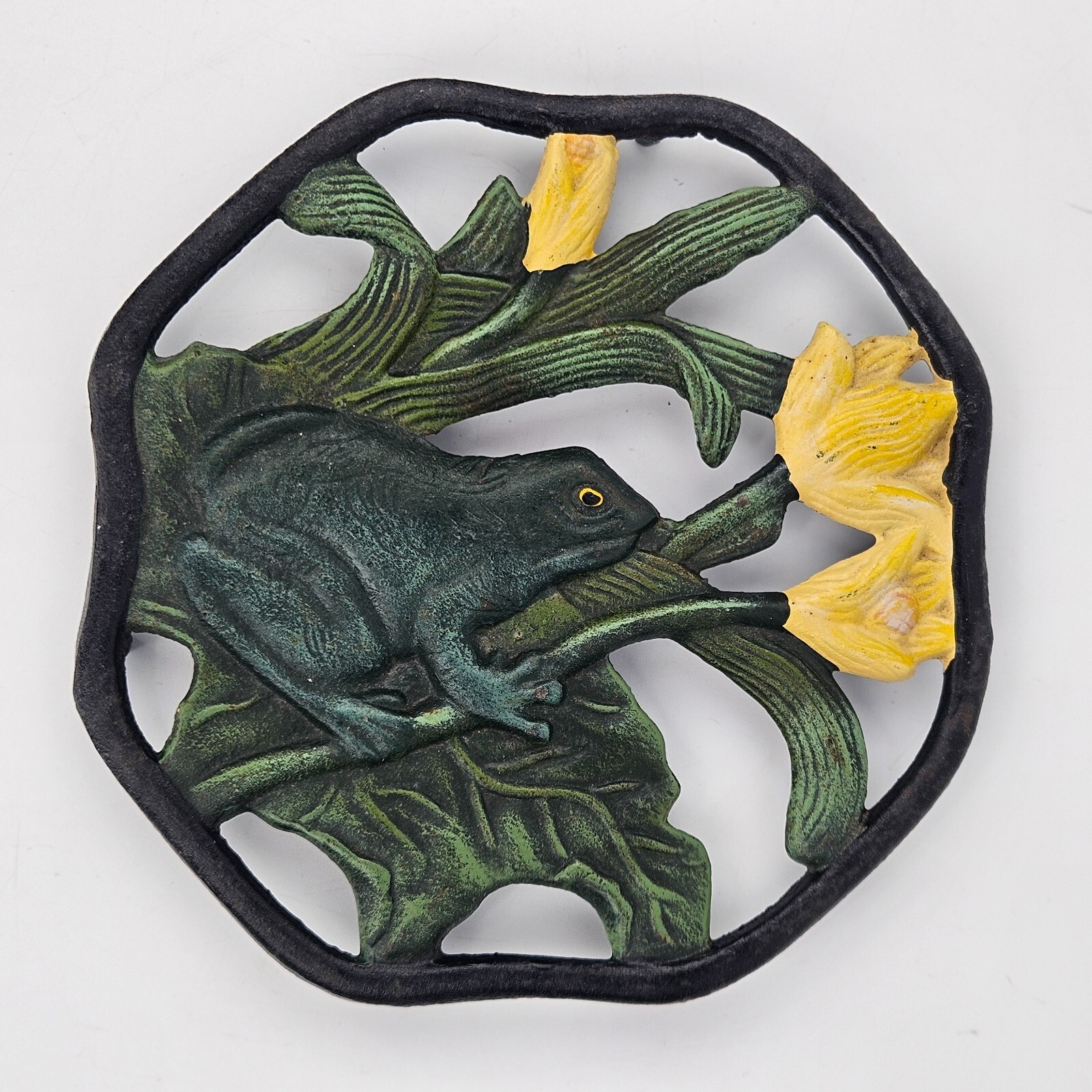 Vintage Frog Trivet Pot Pad Rest Plant Stand Cast Iron Metal Lily Pad Flower