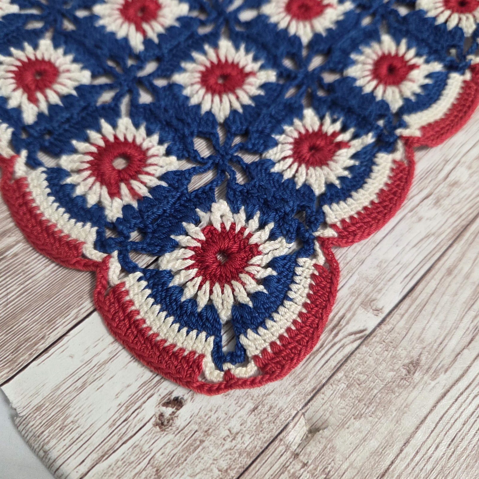 Vintage Red White & Blue Crochet Table Runner Rectangle 28″ X 15″