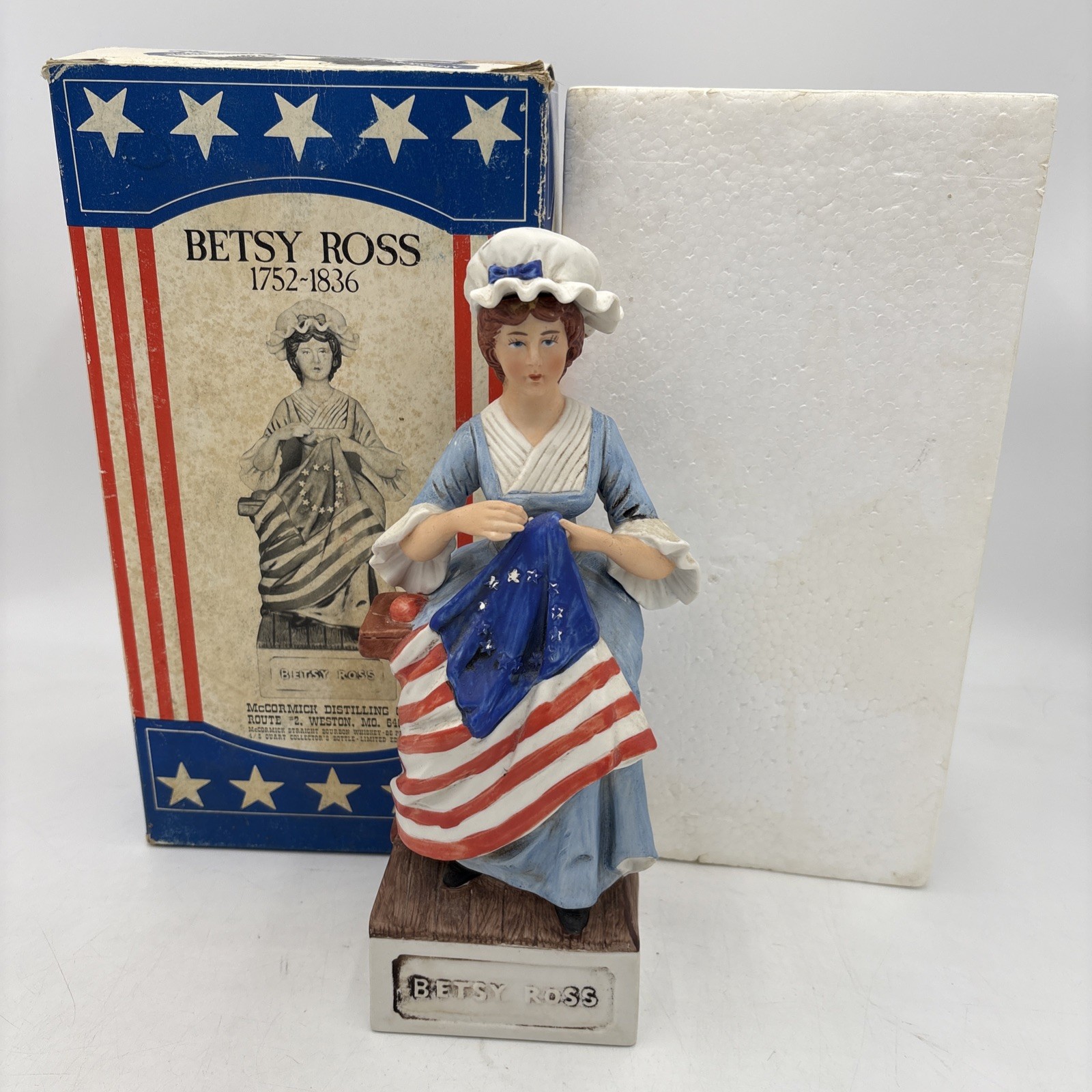 1975 Vtg. Betsy Ross Decanter Porcelain McCormick Distilling Empty w/Box, Cork