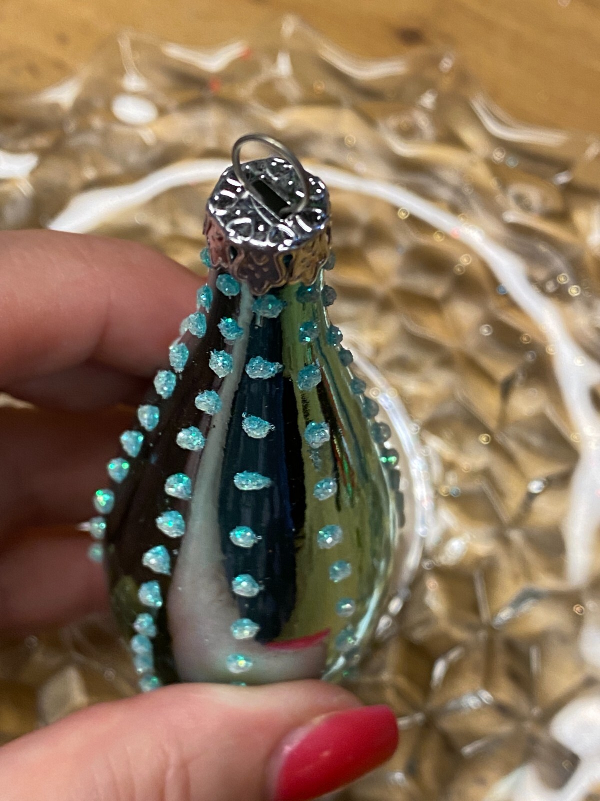 Blown Glass Teardrop Blue Dotted Decorated Christmas Ornament 5.5″