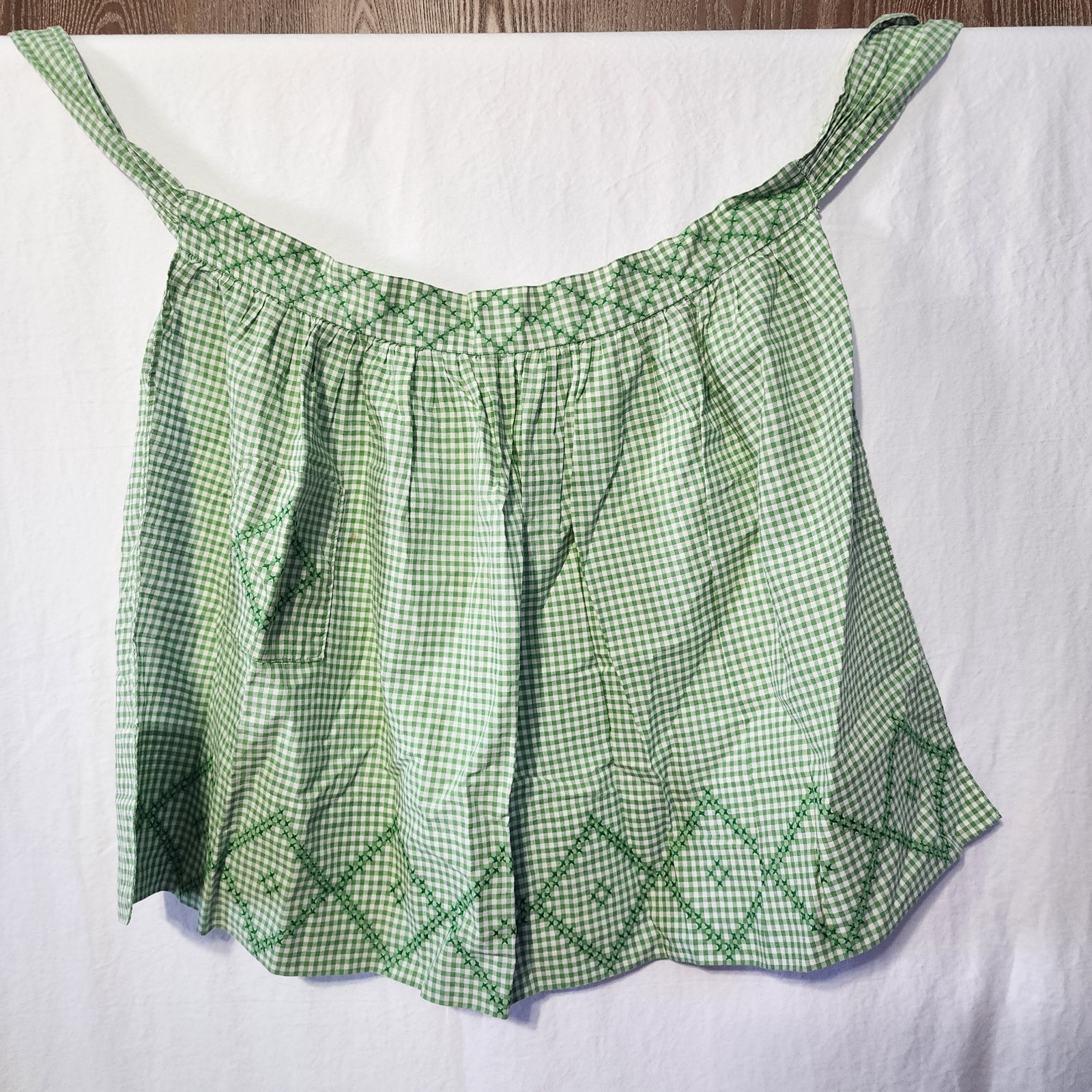 Vintage Green Gingham Half Apron Cross Stitch Embroidery Handmade Retro