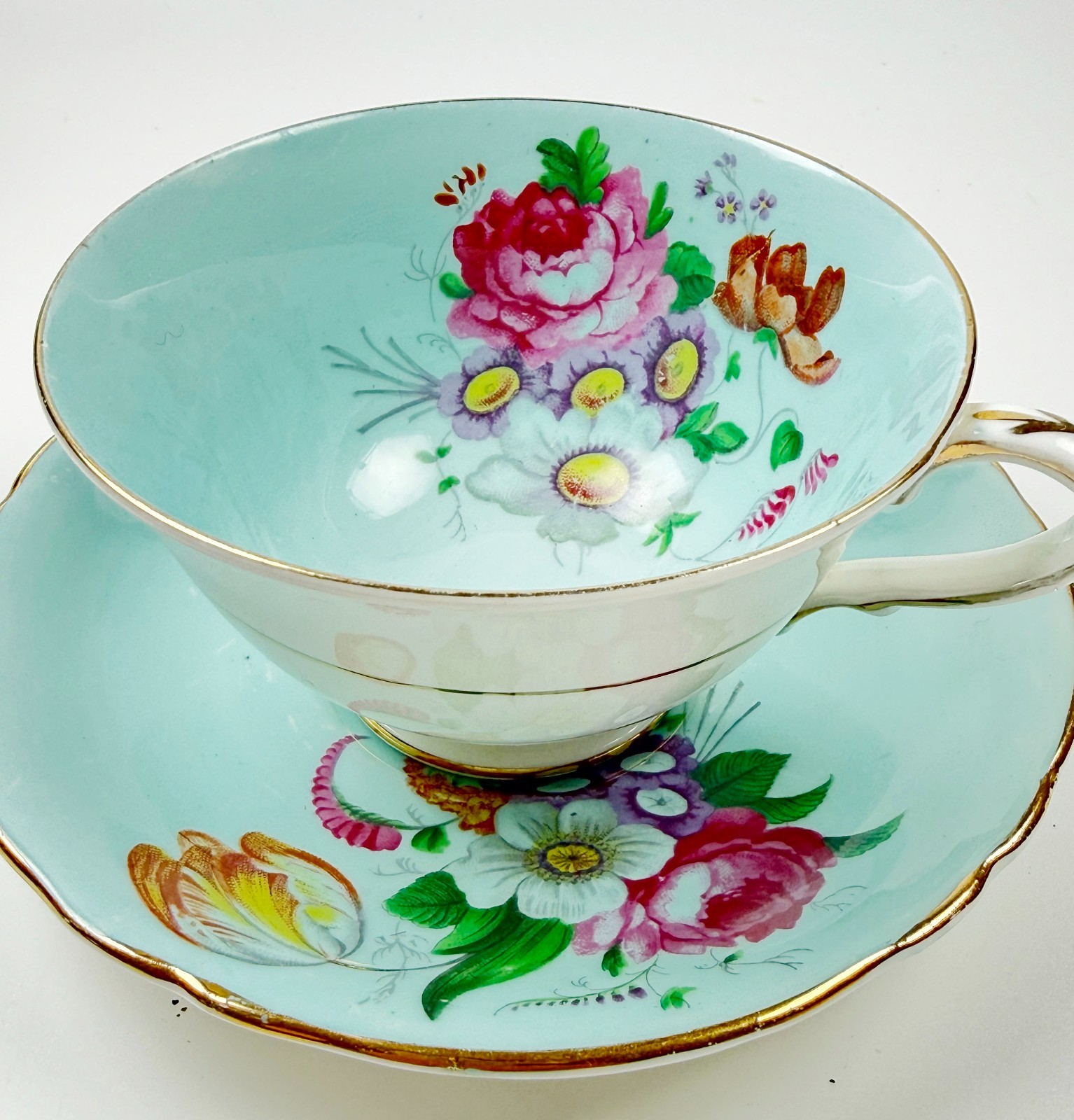 Paragon England china TeaCup Saucer Double Warrant light Blue Pink Rose Floral