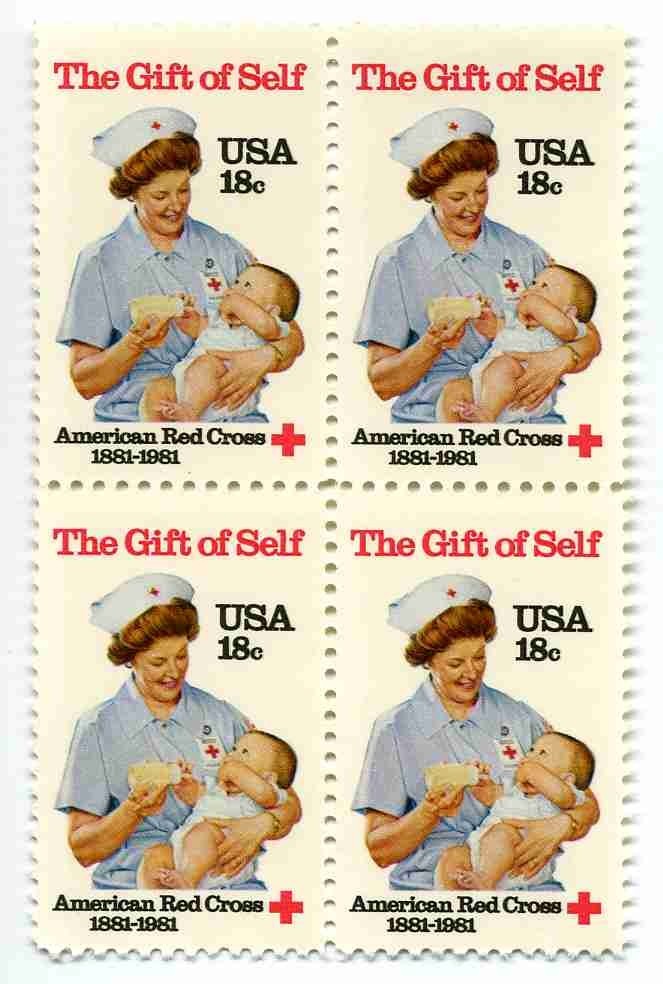Nurse Feeding Baby 45 Year Old Mint Vintage Stamp Block from 1981