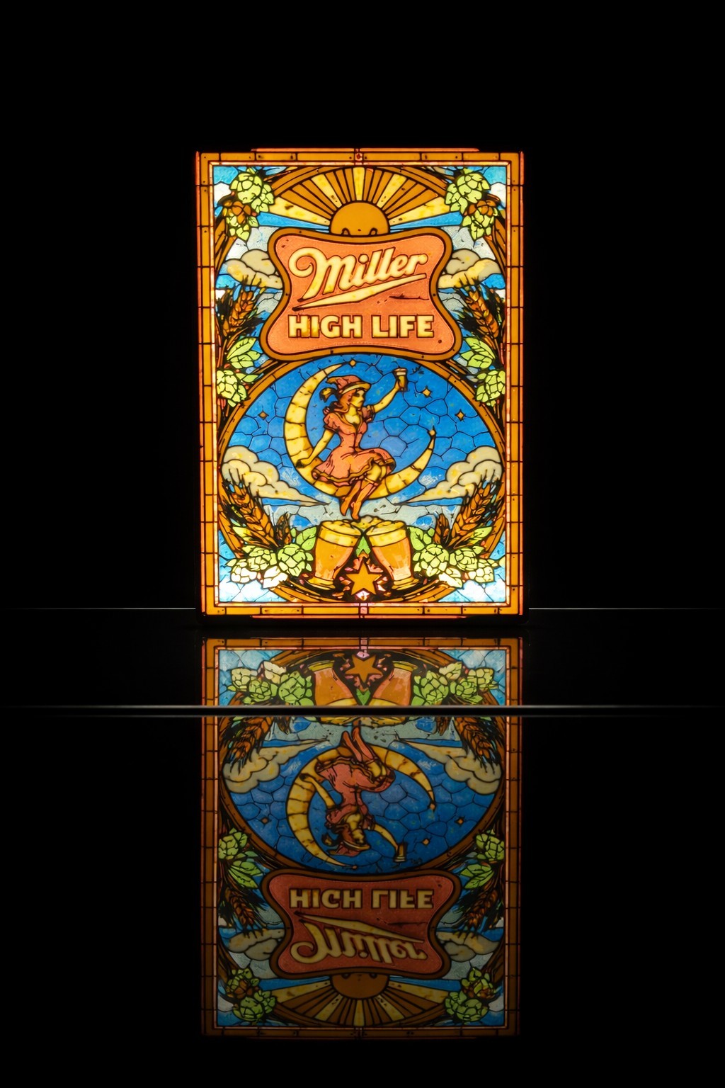 Miller High Life Girl Stained Glass Style 3D Printed LED Light-Up Sign 9″ Decor