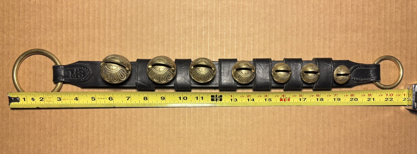 Vintage Amish Brass 7 Bell Graduated MBS Moses B Smucker Leather Numbered 22.5”