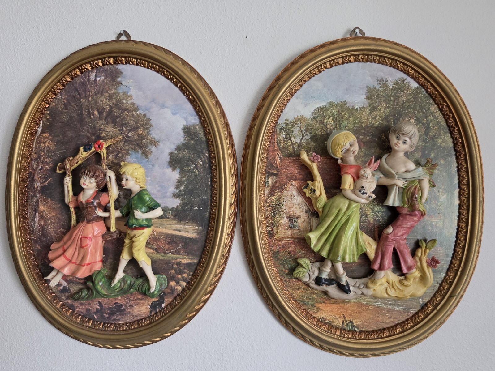 Rare Vintage 3D Italian Empire Figural Art Wall Plaques Ornate Frames Victorian