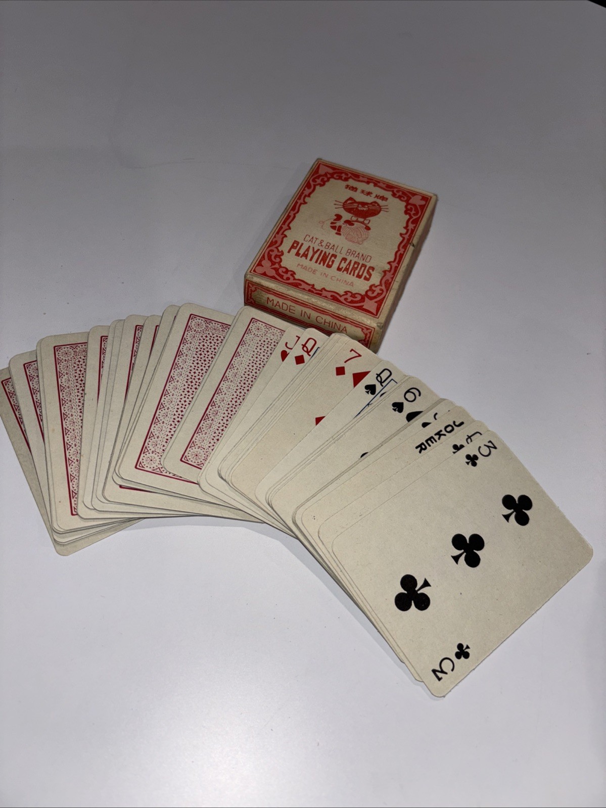 RARE VINTAGE CAT & BALL BRAND Playing Cards Uncoated CHINA #533 box COMPLETE