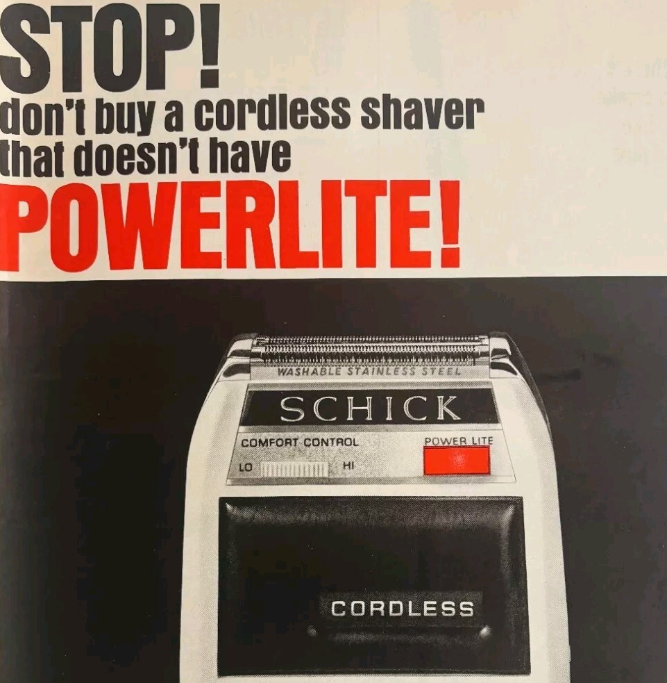 1964 Schick Cordless Powerlite Shaver Advertisement Razor Hair Care DWII19