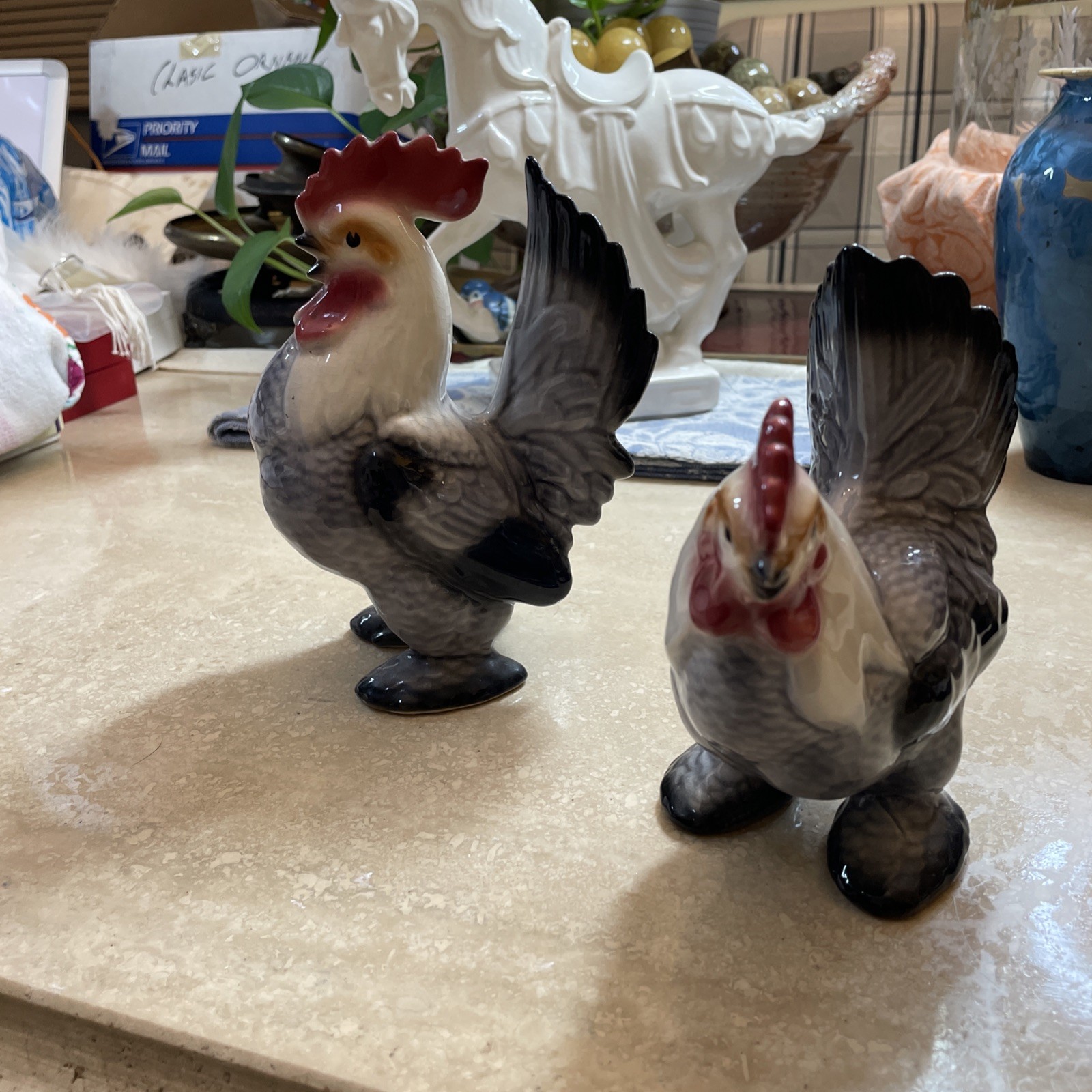 Vintage Royal Copley Rooster And Hen Figurine’s. Porcelain. Bell Bottoms. Nice.