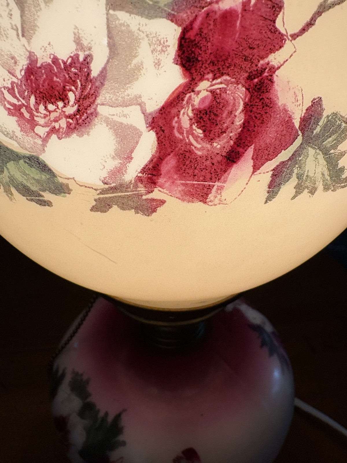 Antique Parlor Lamp Hand Painted Pale Pink Yellow & Burgundy-Oil To Electric!