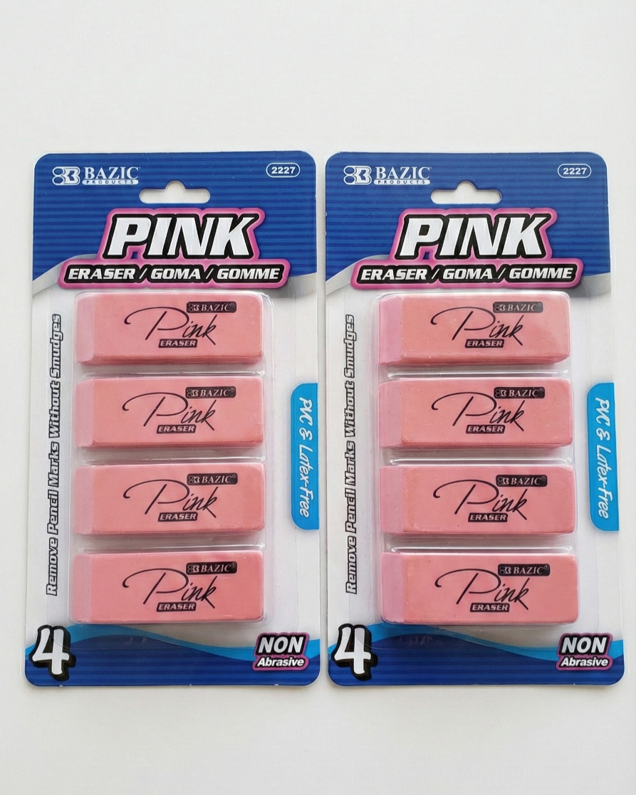 Pack of 2 BAZIC Pink Eraser, Latex Free Bevel Erasers Large Size Block 4/Pack