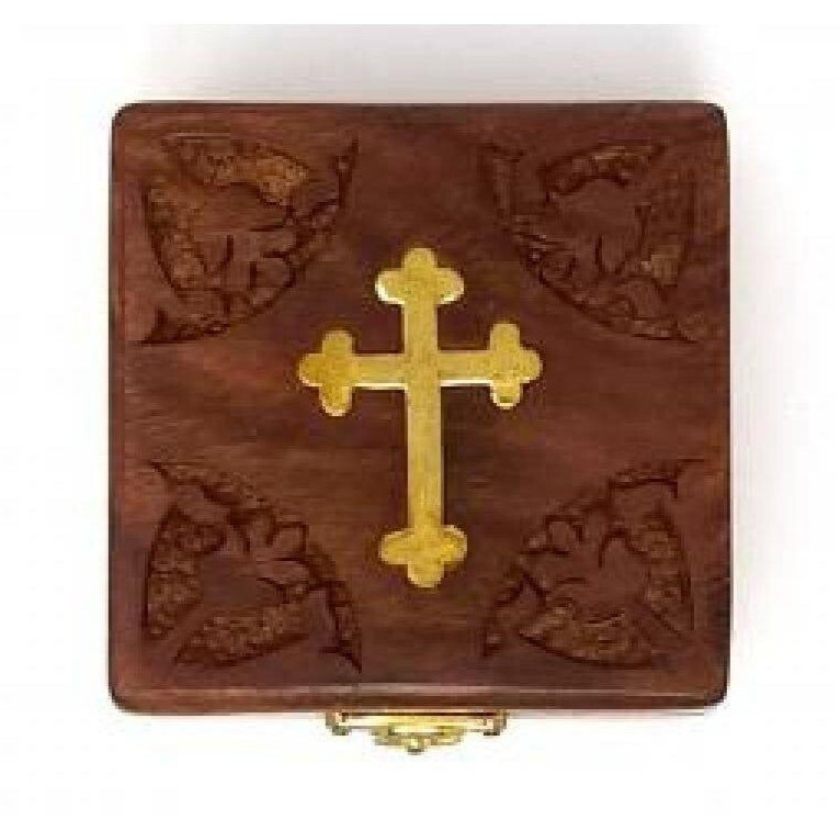 Wooden Box -3″ Decorative Square with Brass Orthodox Cross and Hinged Lid -NEW