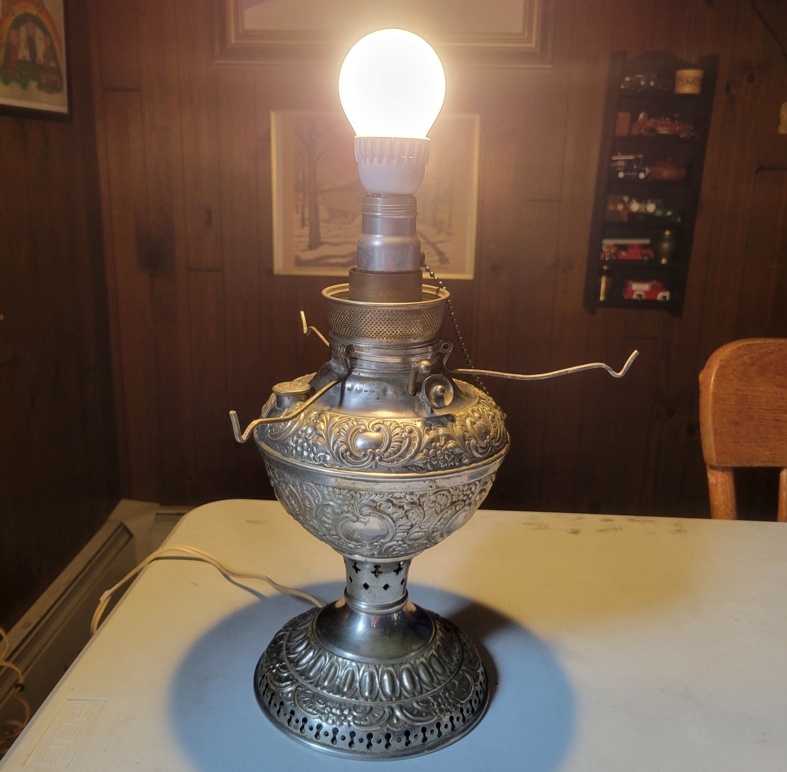 ORNATE EMBOSSED VICTORIAN TABLE KEROSENE LAMP – ELECTRIFIED -shade Not Included