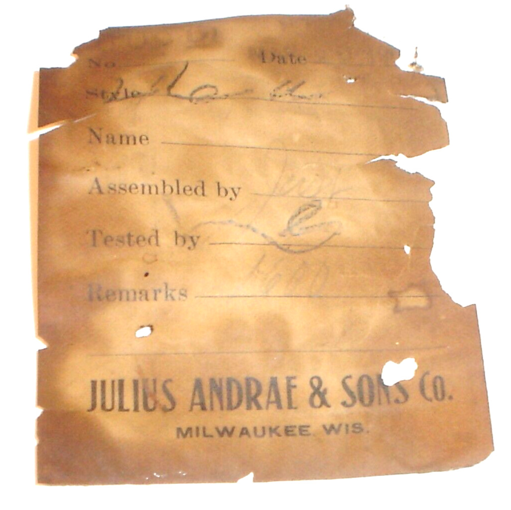 Antique Julius Andrae & Sons Co. Hand Crank Wood Wall Telephone Paper Label Tag