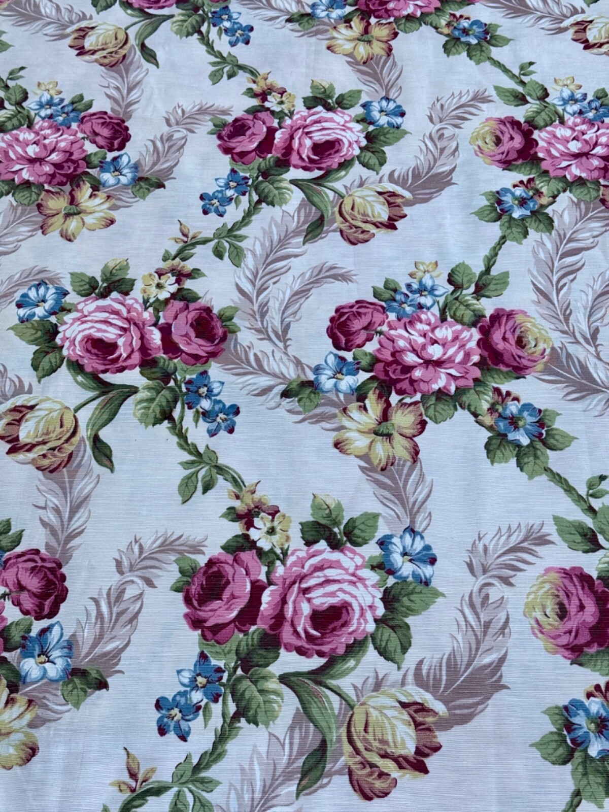 Rococo 1930s Roses & Feathers Hollywood Regency Barkcloth Faille Vintage Fabric