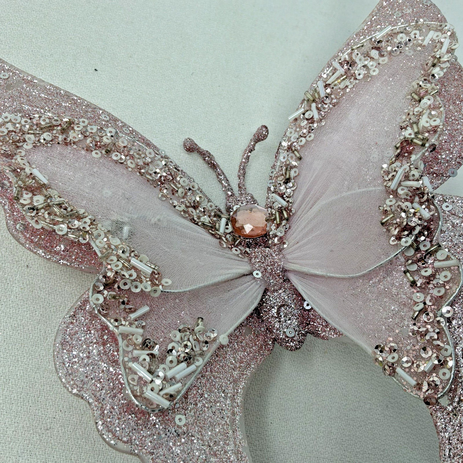 3 Pink Butterfly Clip On Christmas Ornaments w/Beads, Gems & Glitter 2 SM 1 LG