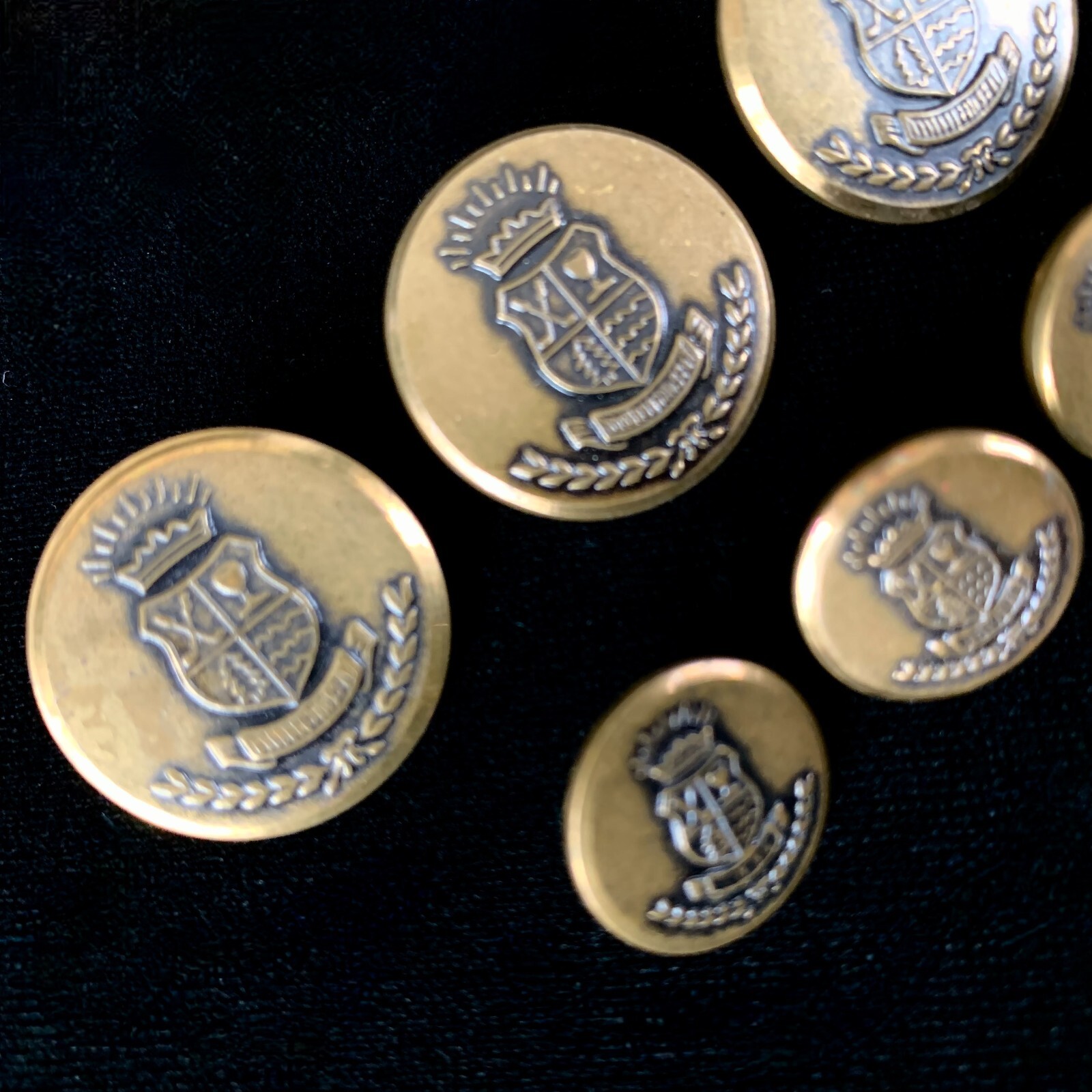 NOS Vintage Brass Shank Blazer Buttons Three 1 in Six 3/4 in Four 5/8 in Shields
