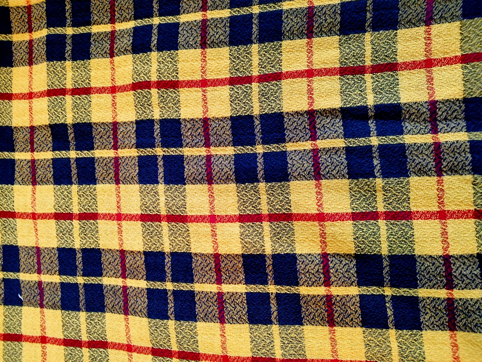 Vtg Mid Century Woven Bedspread Red Yellow Black Plaid 97×83″ Twin? Retro