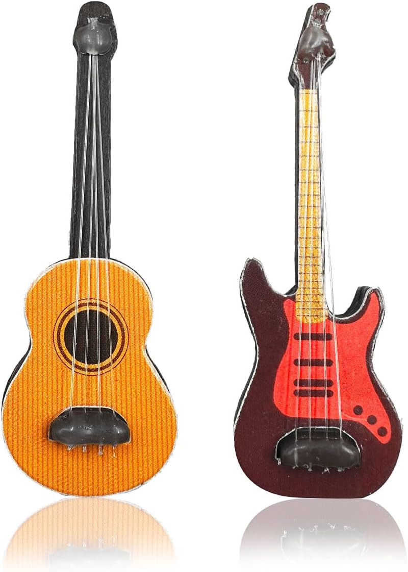 2PCS 1:12 Mini Musical Instrument Guitar Wooden Bass Guitar Model