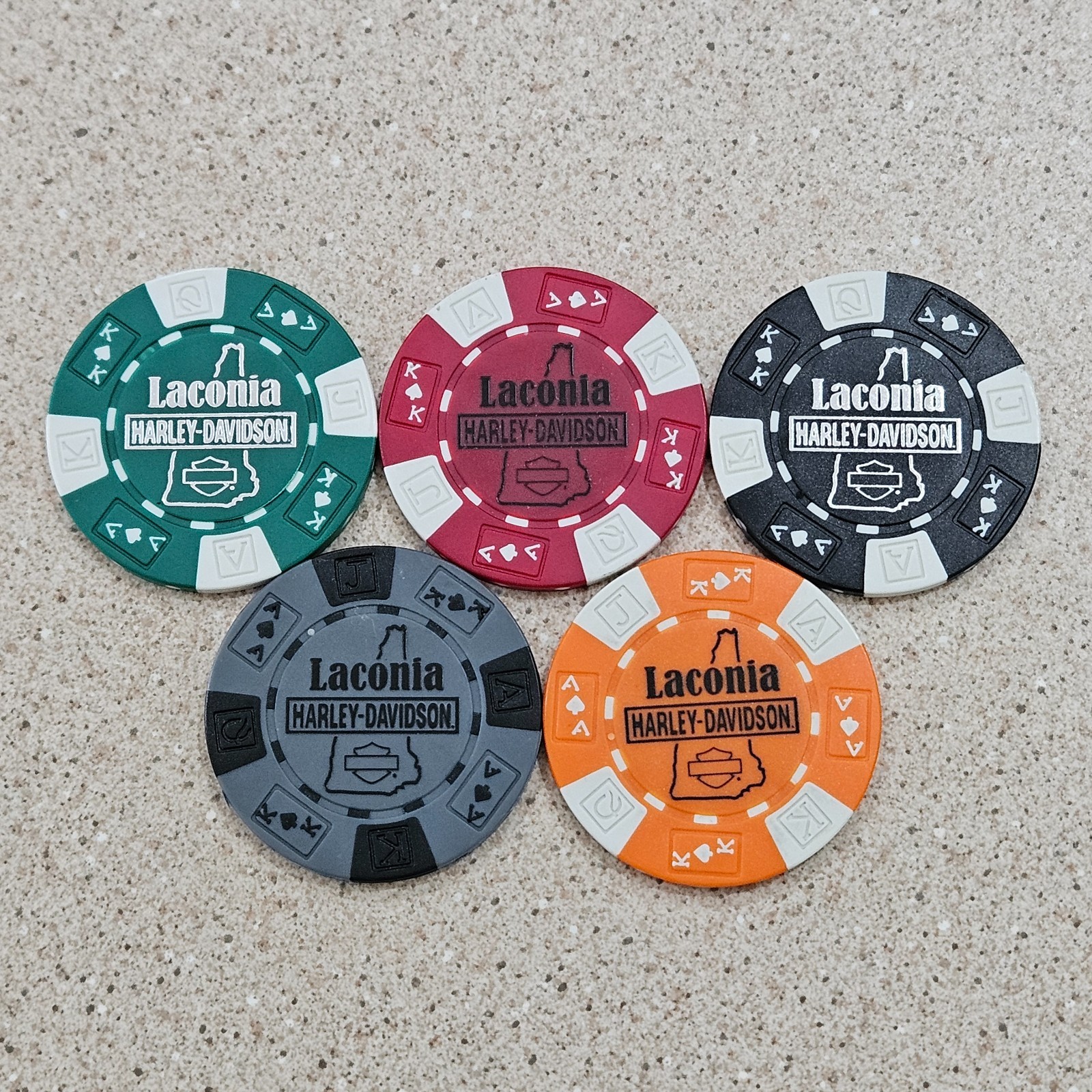 Laconia Harley Davidson Dealership Green, Red, Black, Gray & Orange Poker Chips