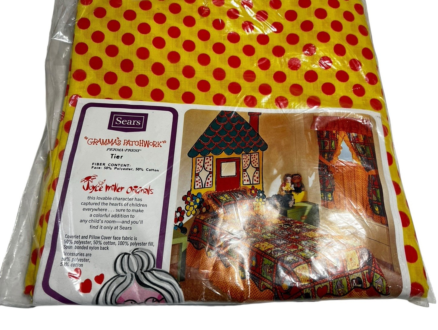 Sears 1968 Grandma’s Patchwork Red Yellow Dot Perma Prest Tier Curtain 82 X 36”