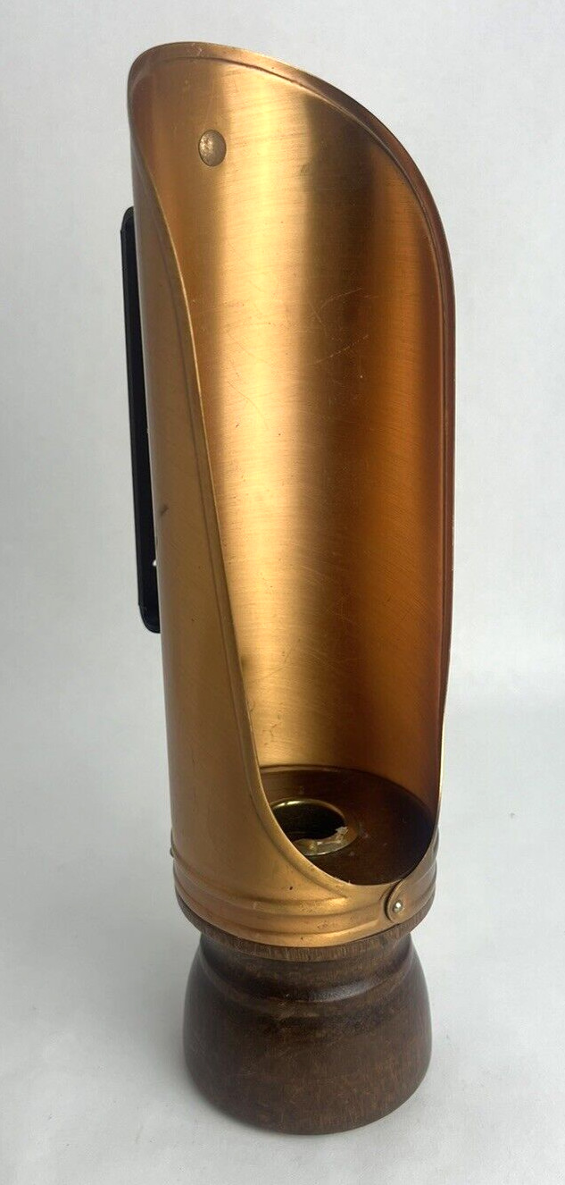 Vtg Copper Hand Held Chamber Taper Candle Holder Wood Base Black Handle Sconce