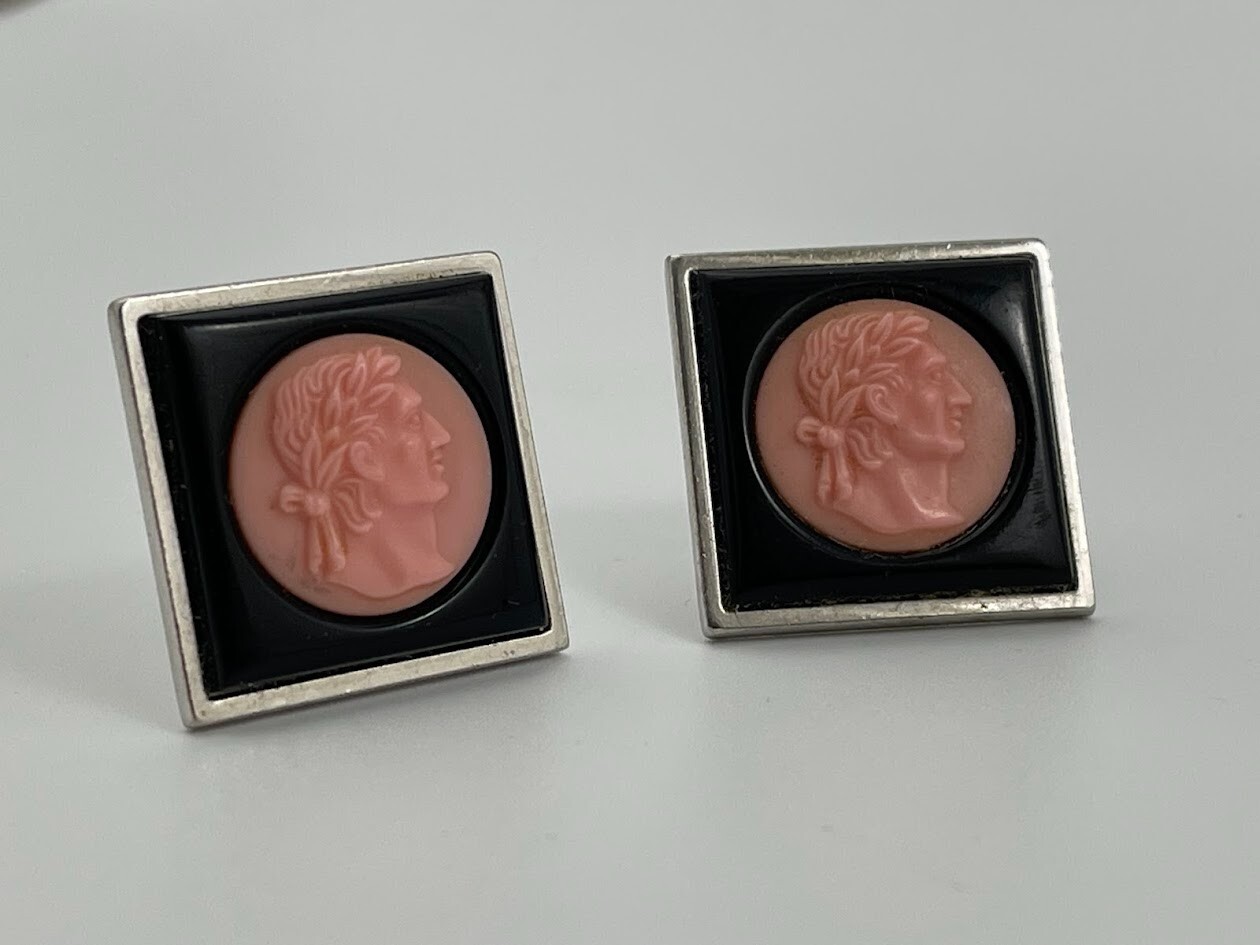 Vintage Cufflinks Swank Augustus Caesar Intaglio Cameo Silver Tone Art Deco Pink