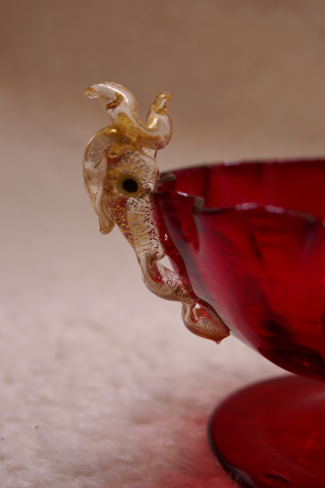 Vtg Pair of Venetian Salviati Ruby Red & Dolphin Handled Glass Salt Cellars