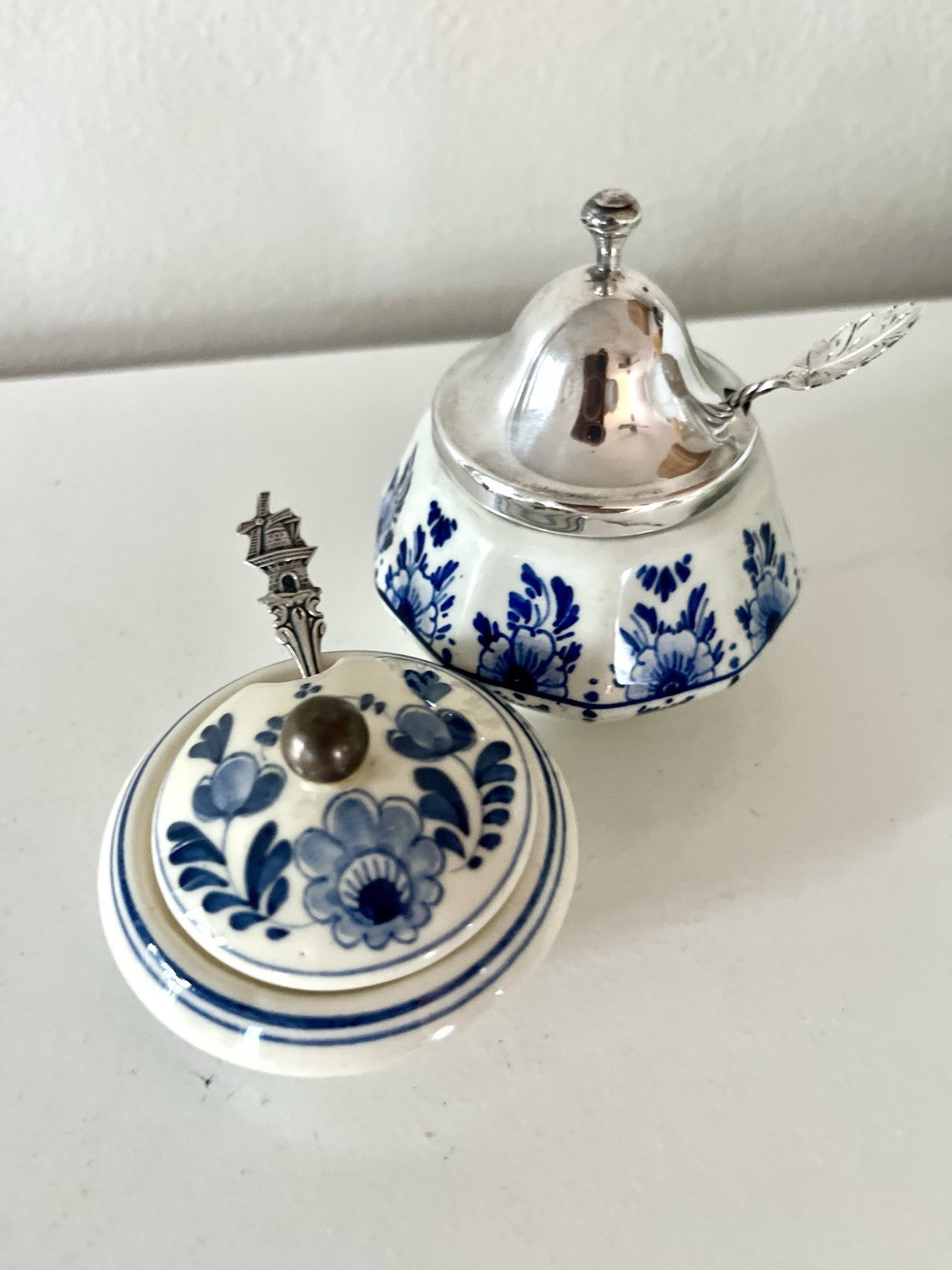 Small Porcelain Delfts Holland Blue & White Jars w/ Silver Lid & 80% Spoons Vtg