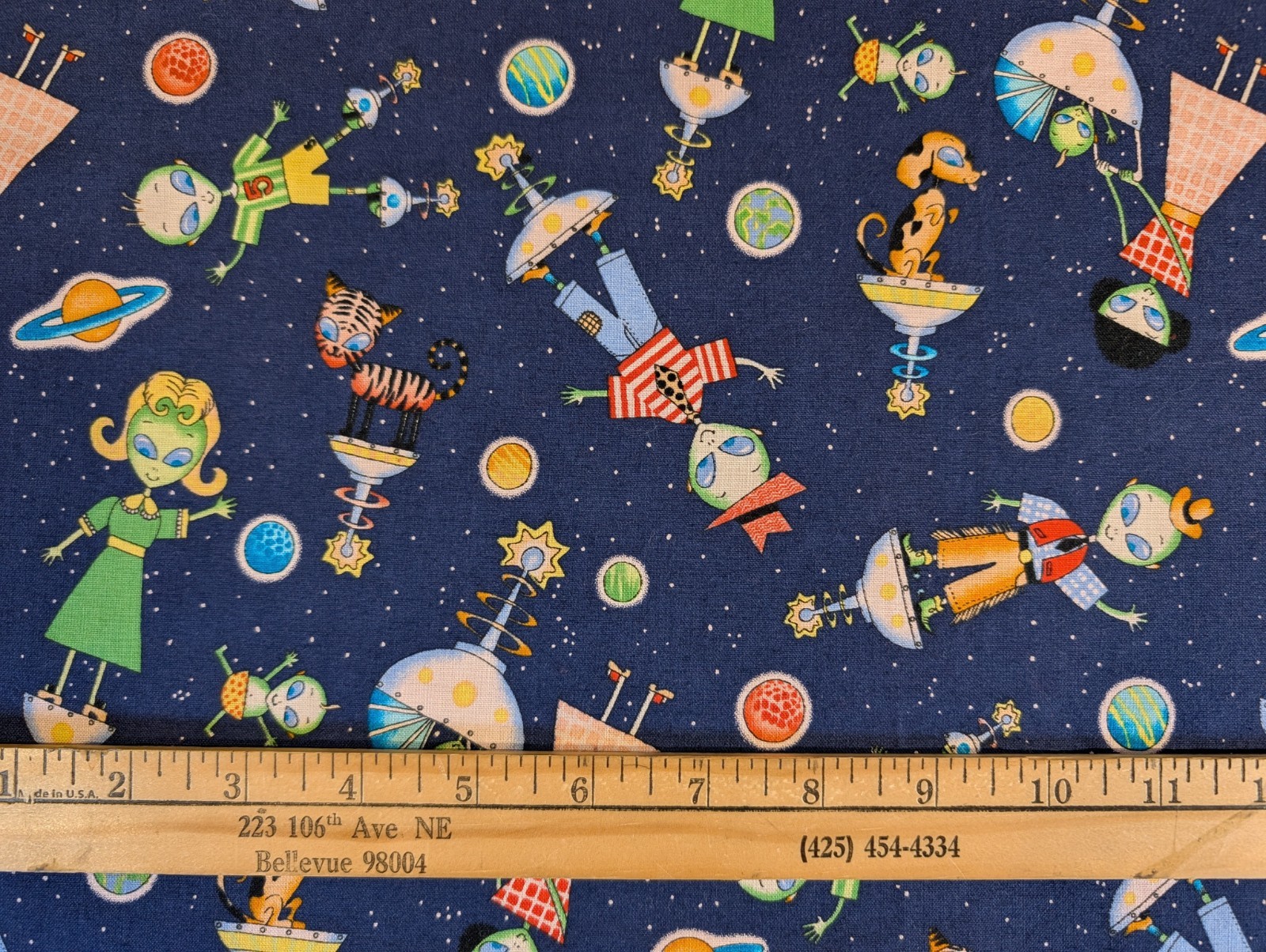 Aliens Spaceships VTG 1997 Alexander Henry Fabrics 1/2 YD Cotton Navy 17″ x 40″