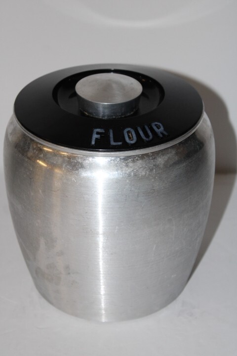 Vintage 1950s Kromex Spun Aluminum 4 Quart “FLOUR” Canister & Black Lid MCM