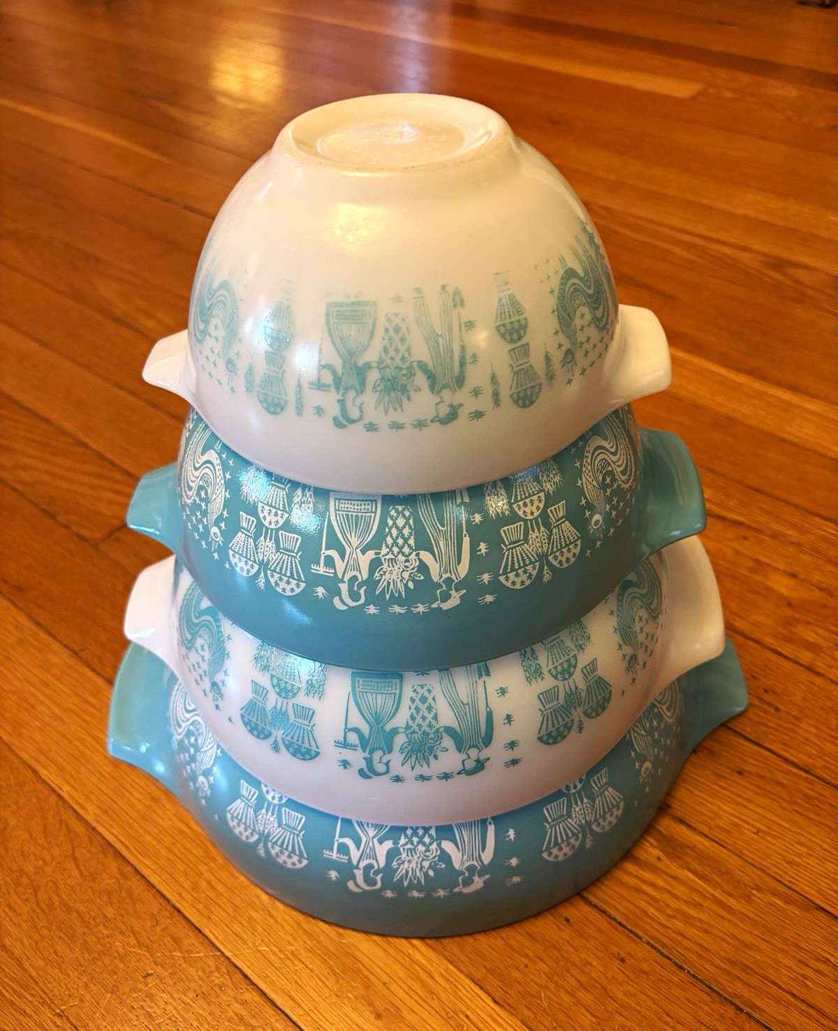 PYREX Amish Butterprint Blue/White Cinderella Nesting Mixing Bowl 4pc FULL SET