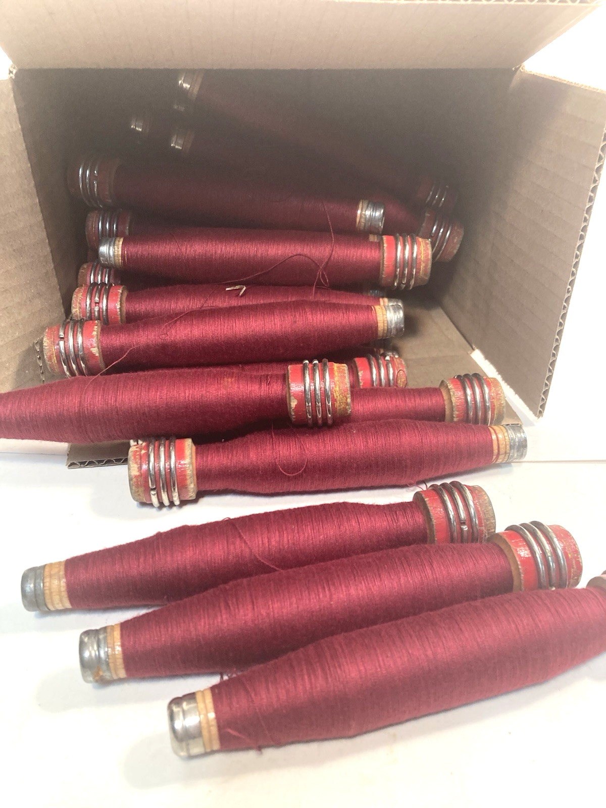 Wrapped Wood Quills, —ALL RED–, Bobbins, Spools, Threaded, Textile, lot of 30