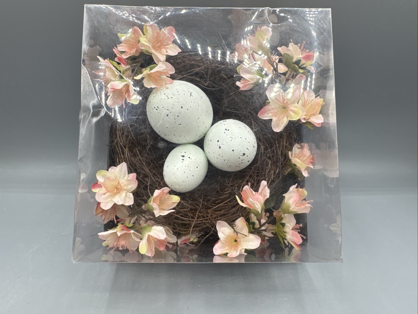 Birds Nest w/Three Speckled Eggs and Silk Flowers Decor 5” Nest (In Gift Box)