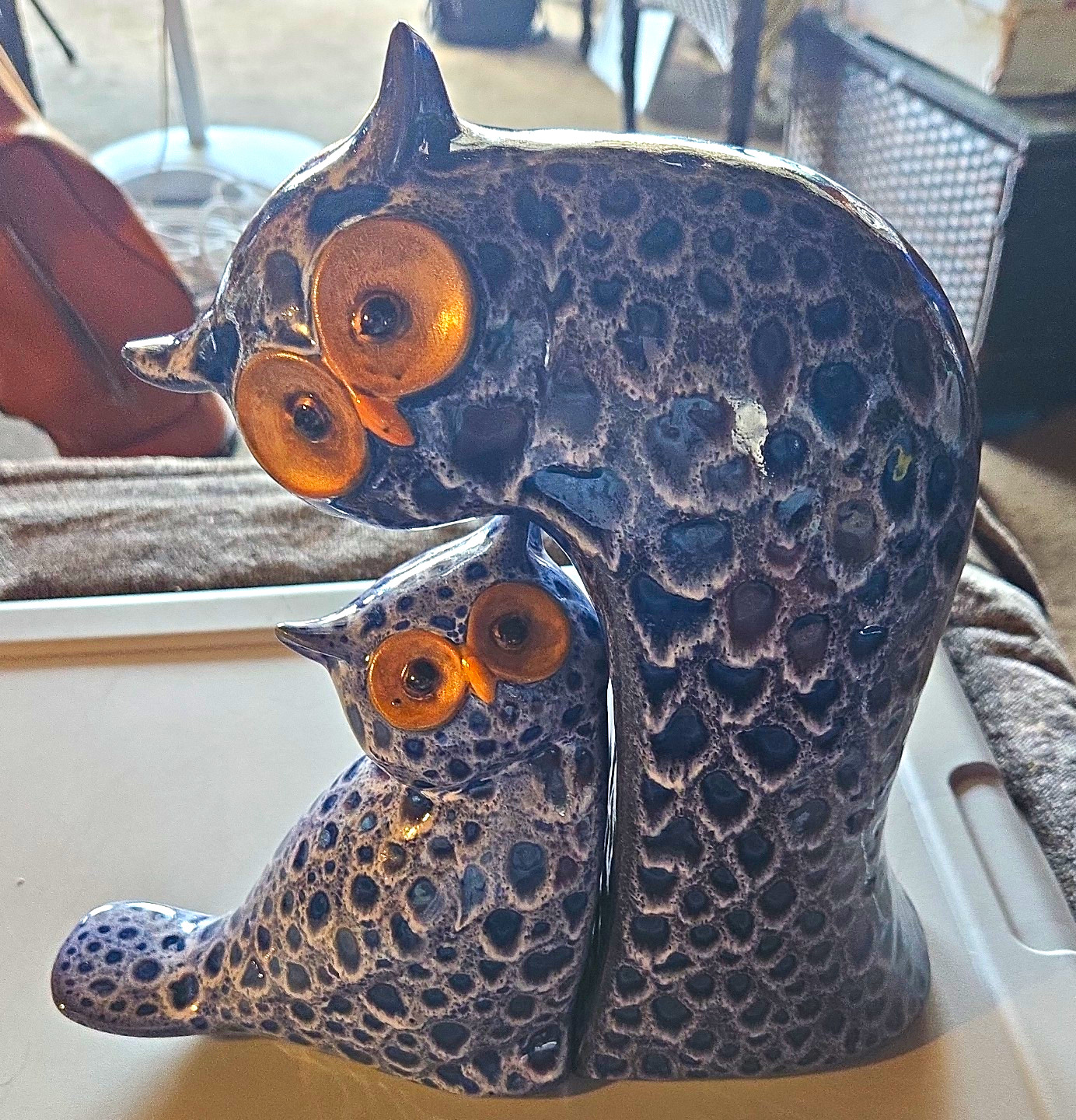 Blue Glossy Spotted Ceramic Owl Figurines Set of 2 3D Effect Gold Eyes Unboxed