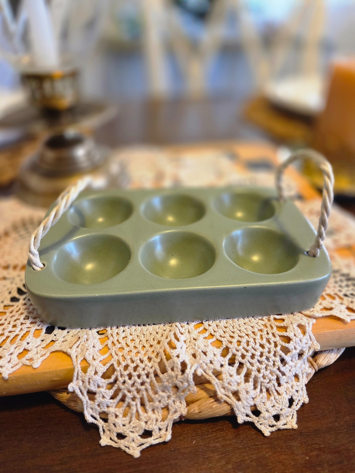 sage green ceramic earthenware egg holder with rope handles