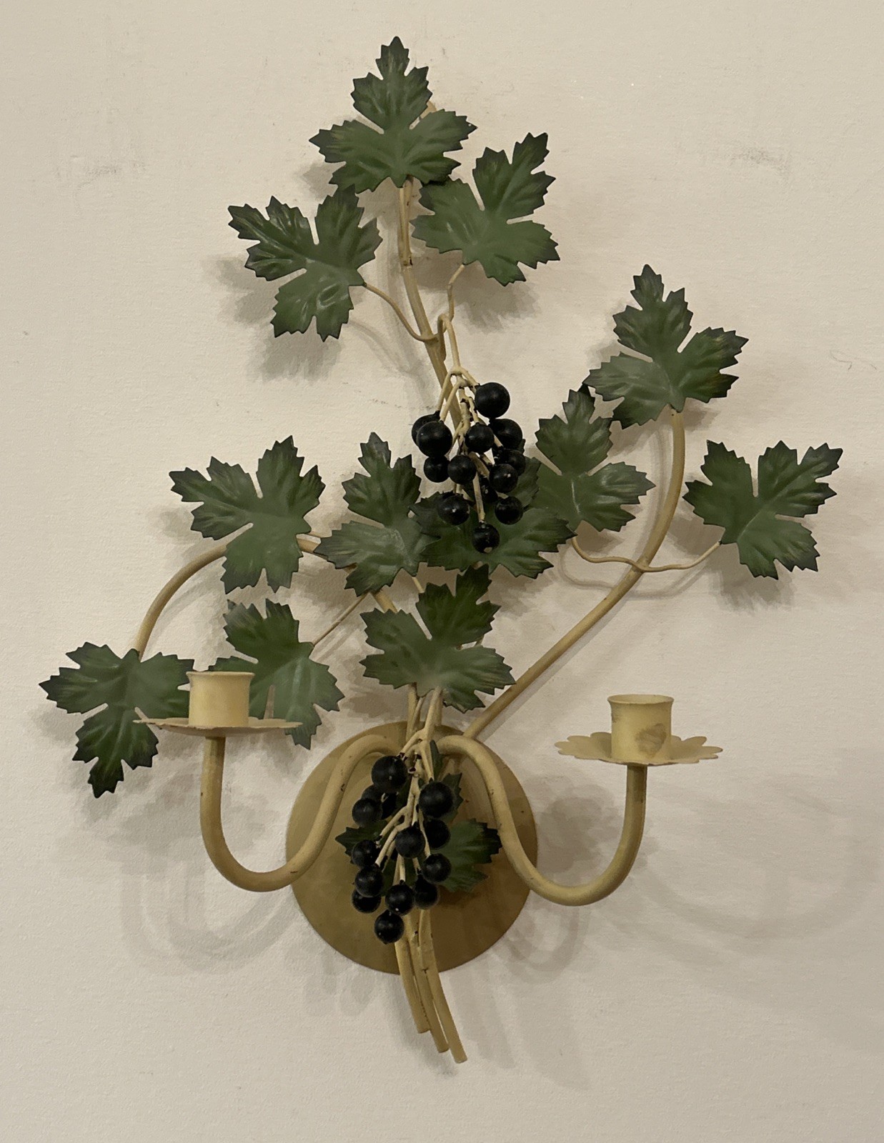 Vintage Tole Metal Grape Leaves Two Taper Candle Wall Sconce