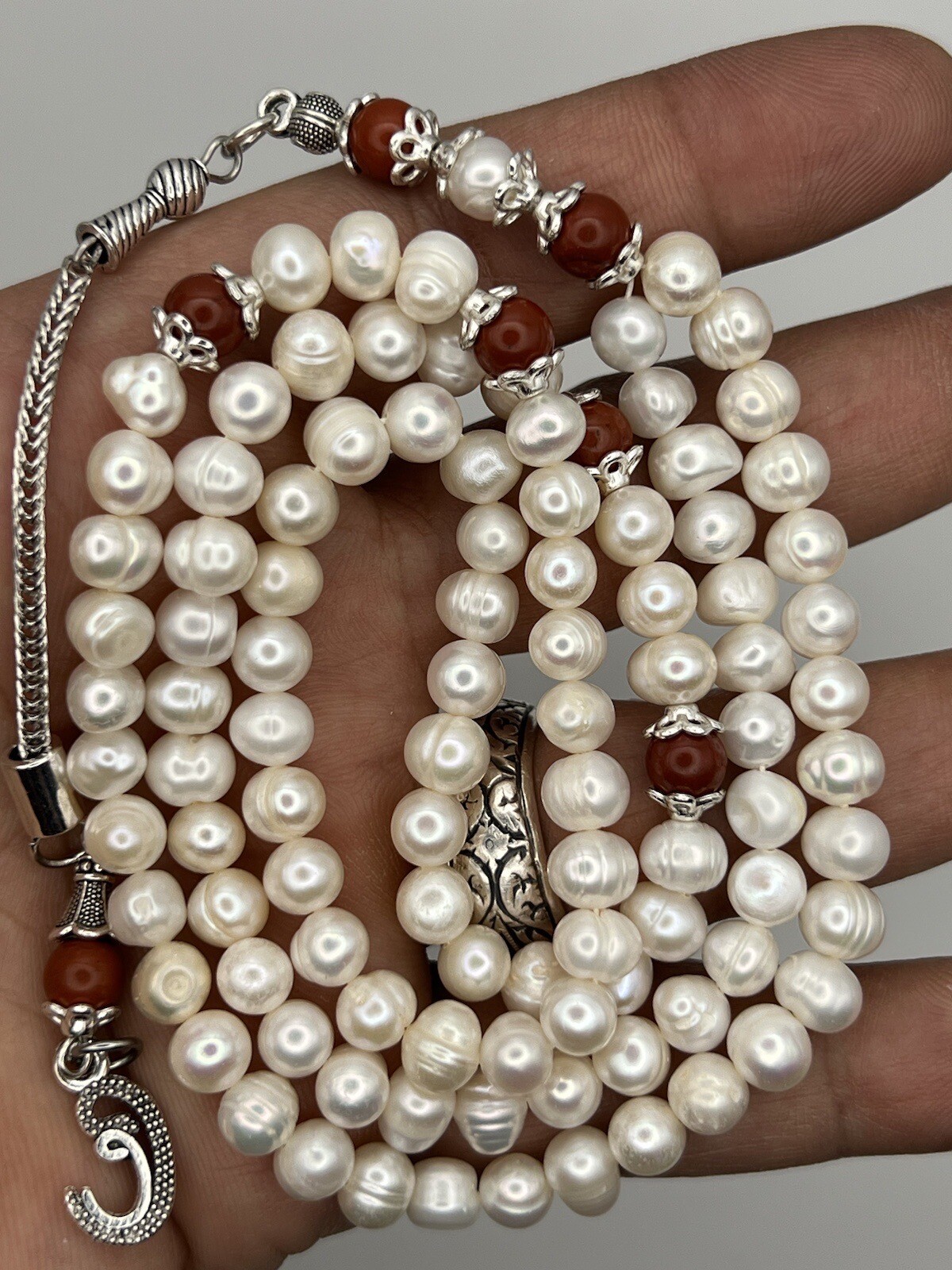 Natural Pearl Tasbih Misbaha With Red Jasper Rosary Prayer Bead مسبحة لؤلؤ طبيعي