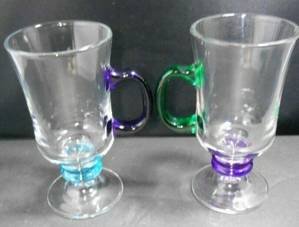Set of 2 Clear Glass with Multicolor Handles 6″ Irish Coffee Mugs Cups