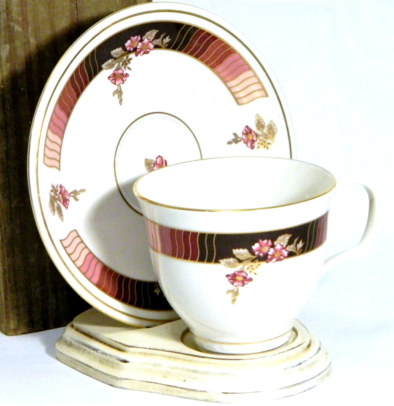 Vintage Pickard Cup & Saucer Set Cinnabar with Wood Display Stand