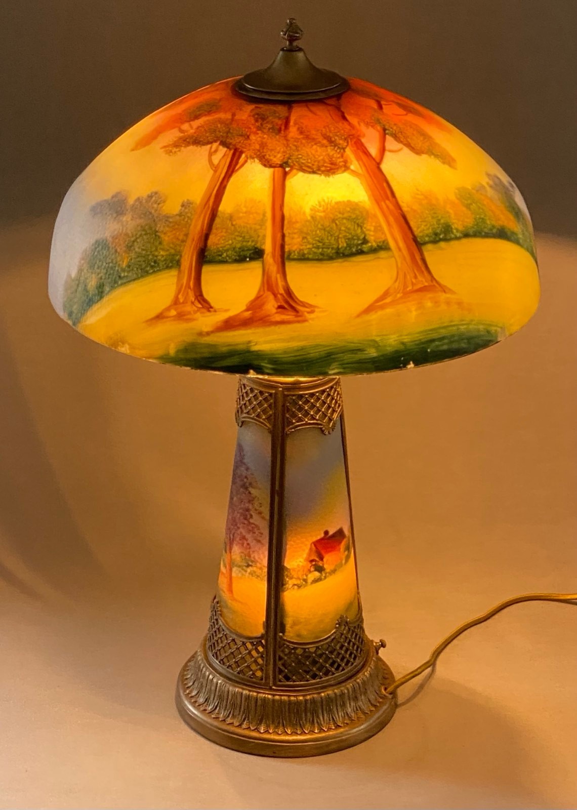 Antique Phoenix Reverse Painted Textured Glass Landscape Table Lamp