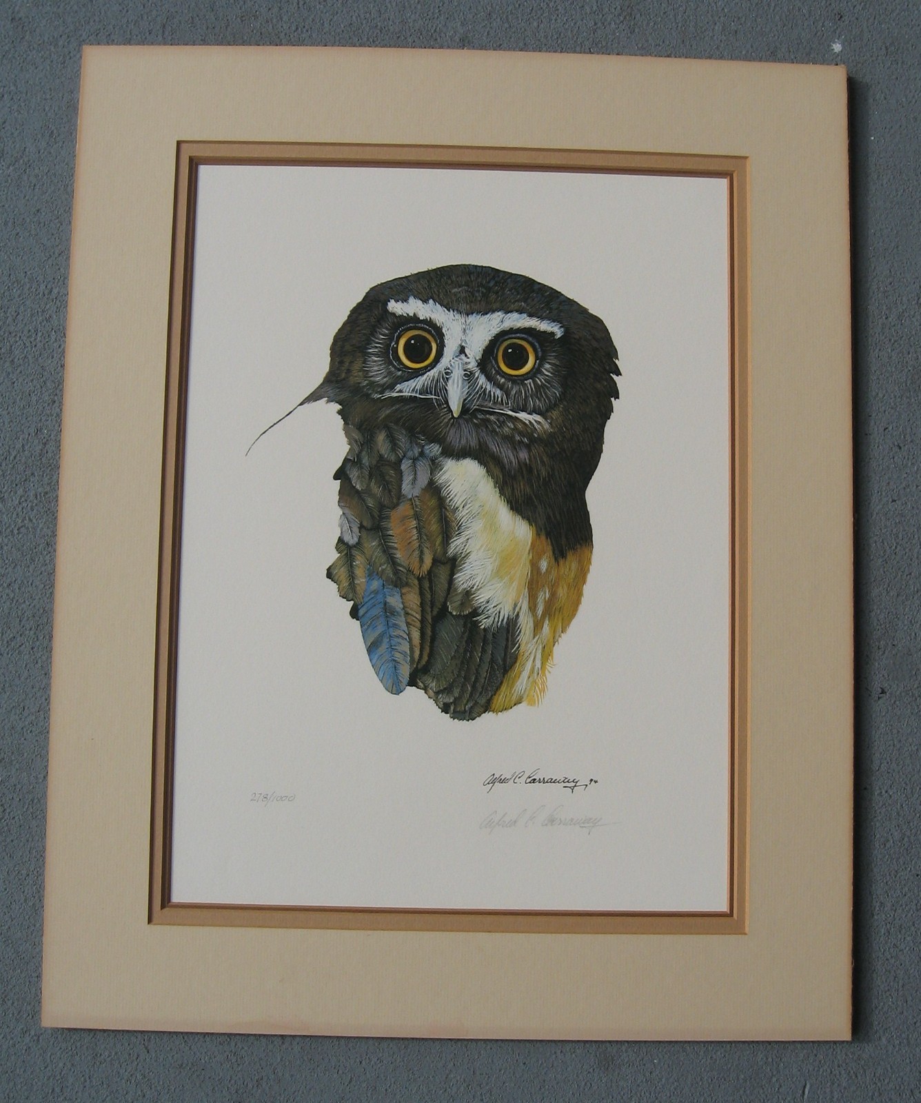 Alfred Carraway Signed Limited Edition Owl Lithograph, No. 278/1000 20×16 Matted