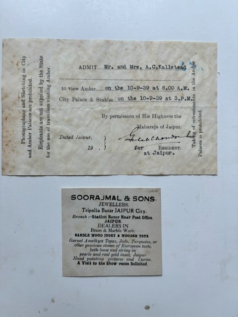 JAIPUR INDIA PAPER EPHEMERA 1939 viewing of Amber at City Stables, business card