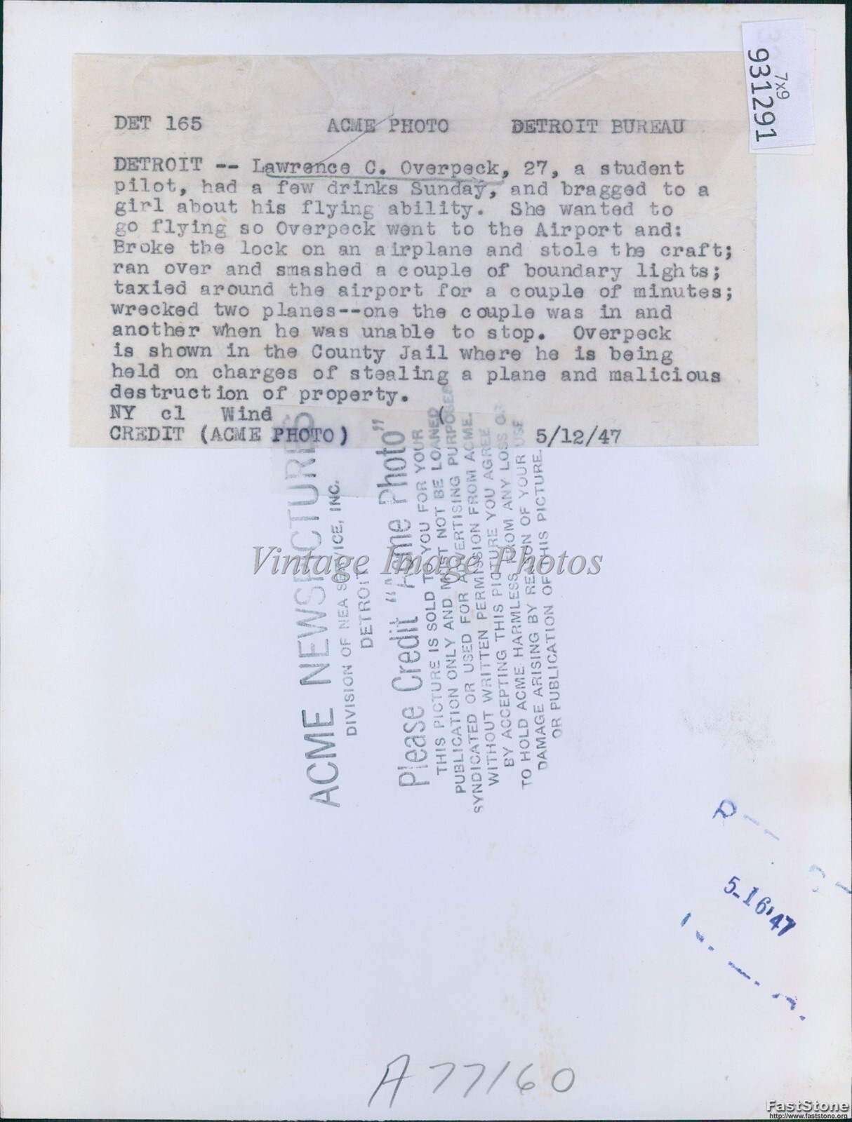 1947 Drunken Lawerence C Overpeck Stole, Smashed Planes Detroit Crime Photo 7×9
